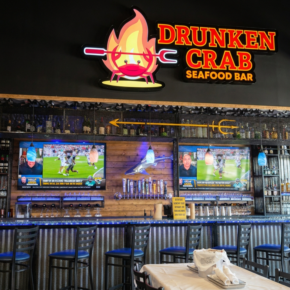 Drunken Crab Seafood Bar interior with illuminated crab sign, stocked bar, televisions, and rows of stools.